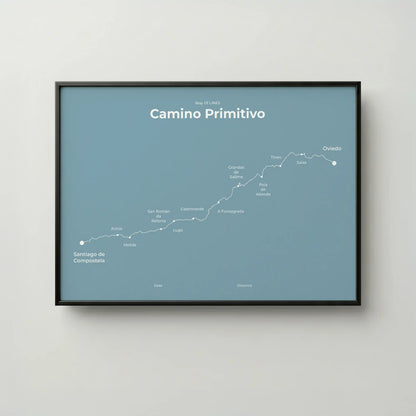 Minimalist Camino Primitivo map poster in high mist color, frame mockup.