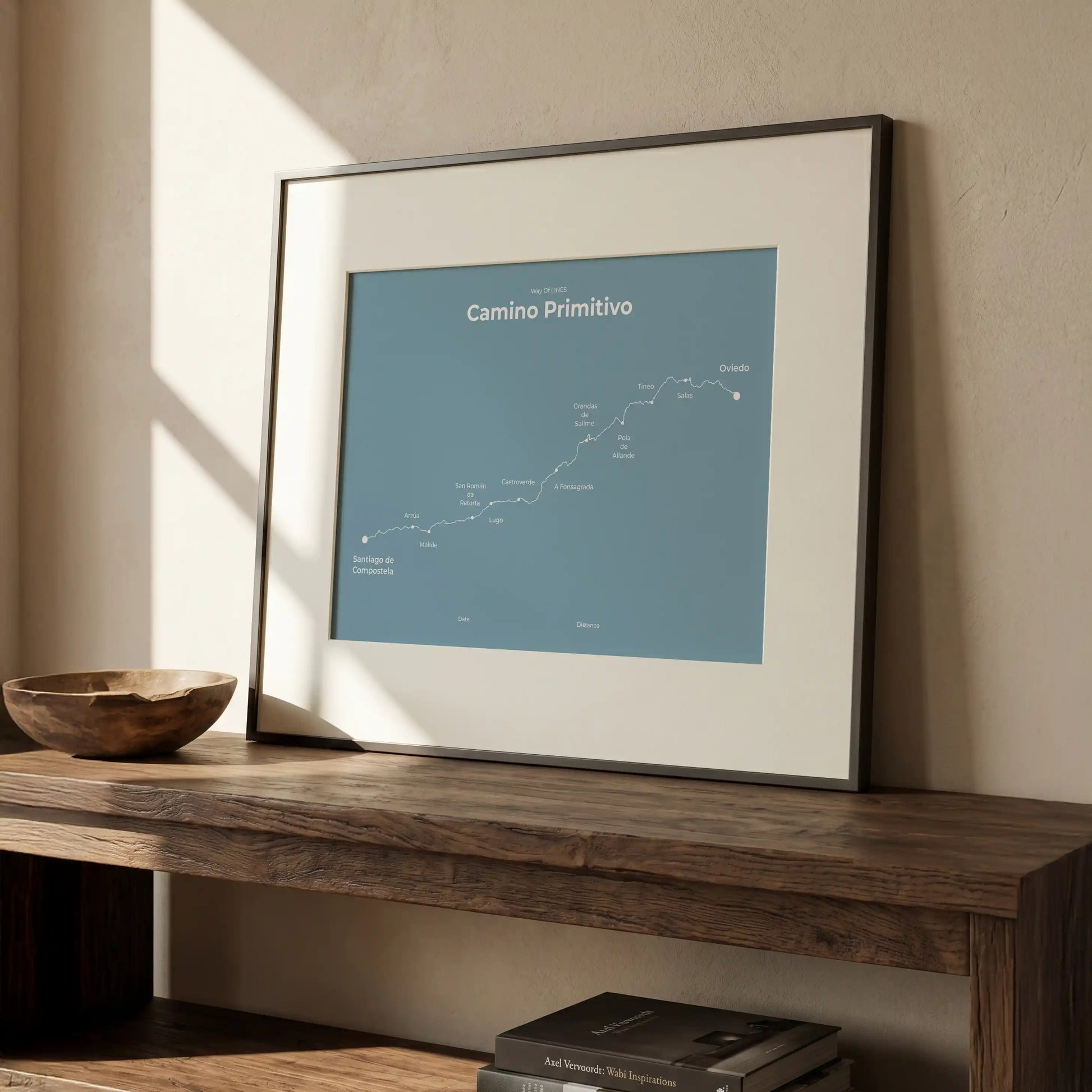Minimalist Camino Primitivo map poster in high mist color, interior mockup.