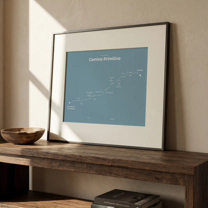 Minimalist Camino Primitivo map poster in high mist color, interior mockup.