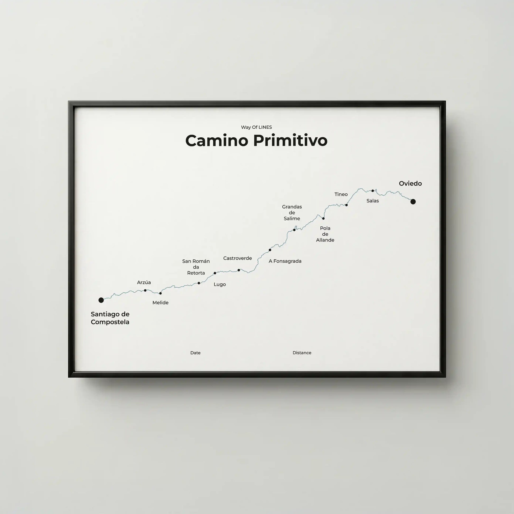Minimalist Camino Primitivo map poster in north drift color, frame mockup.
