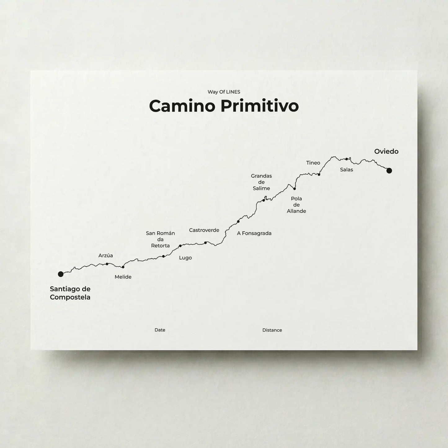 Minimalist Camino Primitivo map poster in quiet black color.