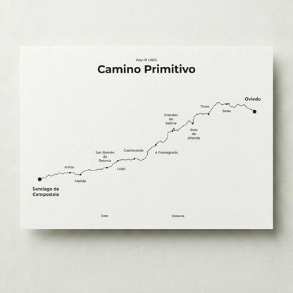 Minimalist Camino Primitivo map poster in quiet black color.