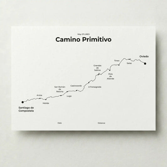 Minimalist Camino Primitivo map poster in quiet black color.