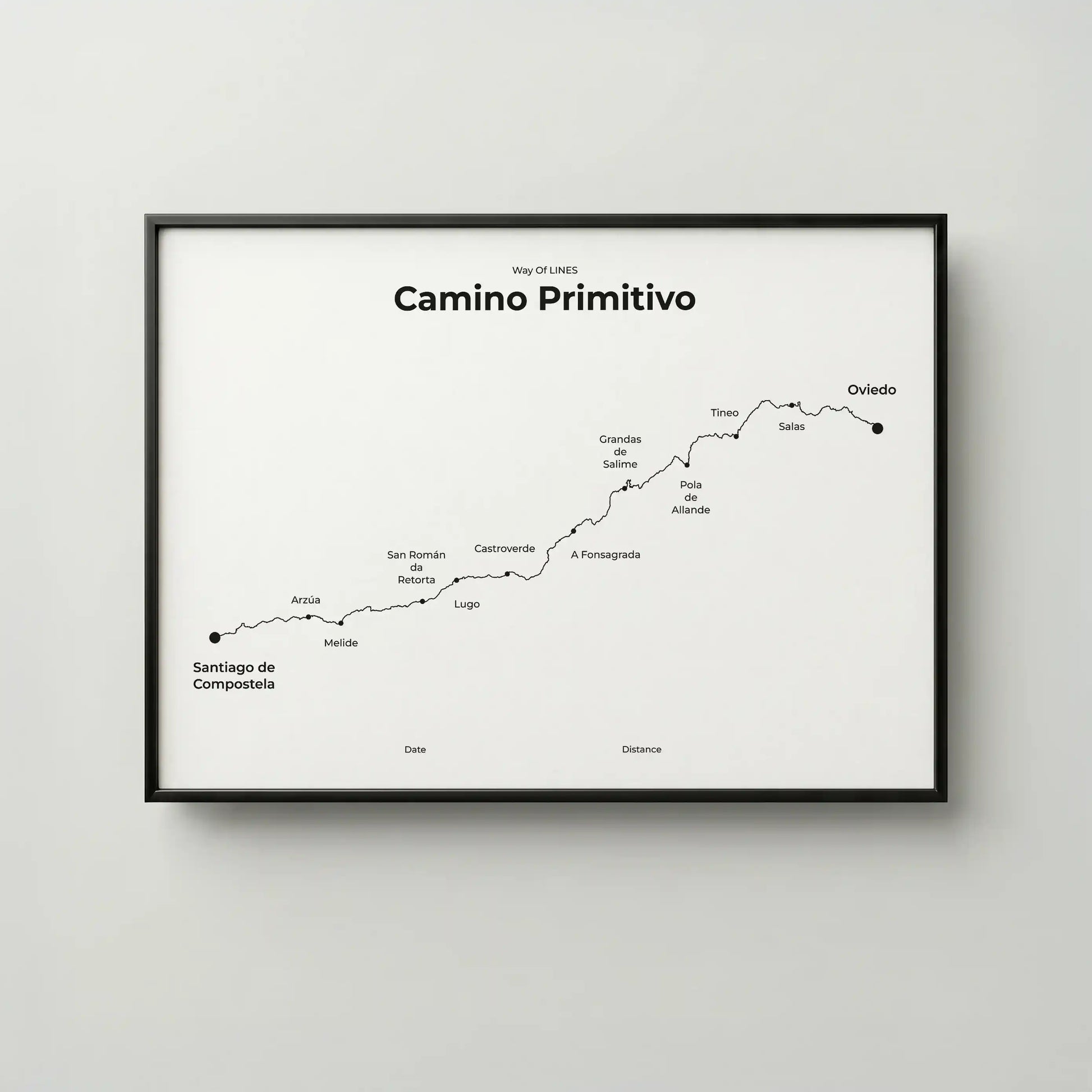 Minimalist Camino Primitivo map poster in quiet black color, frame mockup.