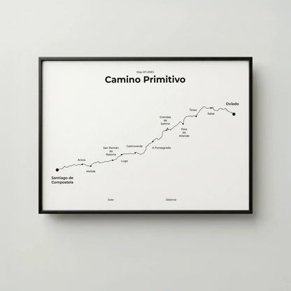 Minimalist Camino Primitivo map poster in quiet black color, frame mockup.