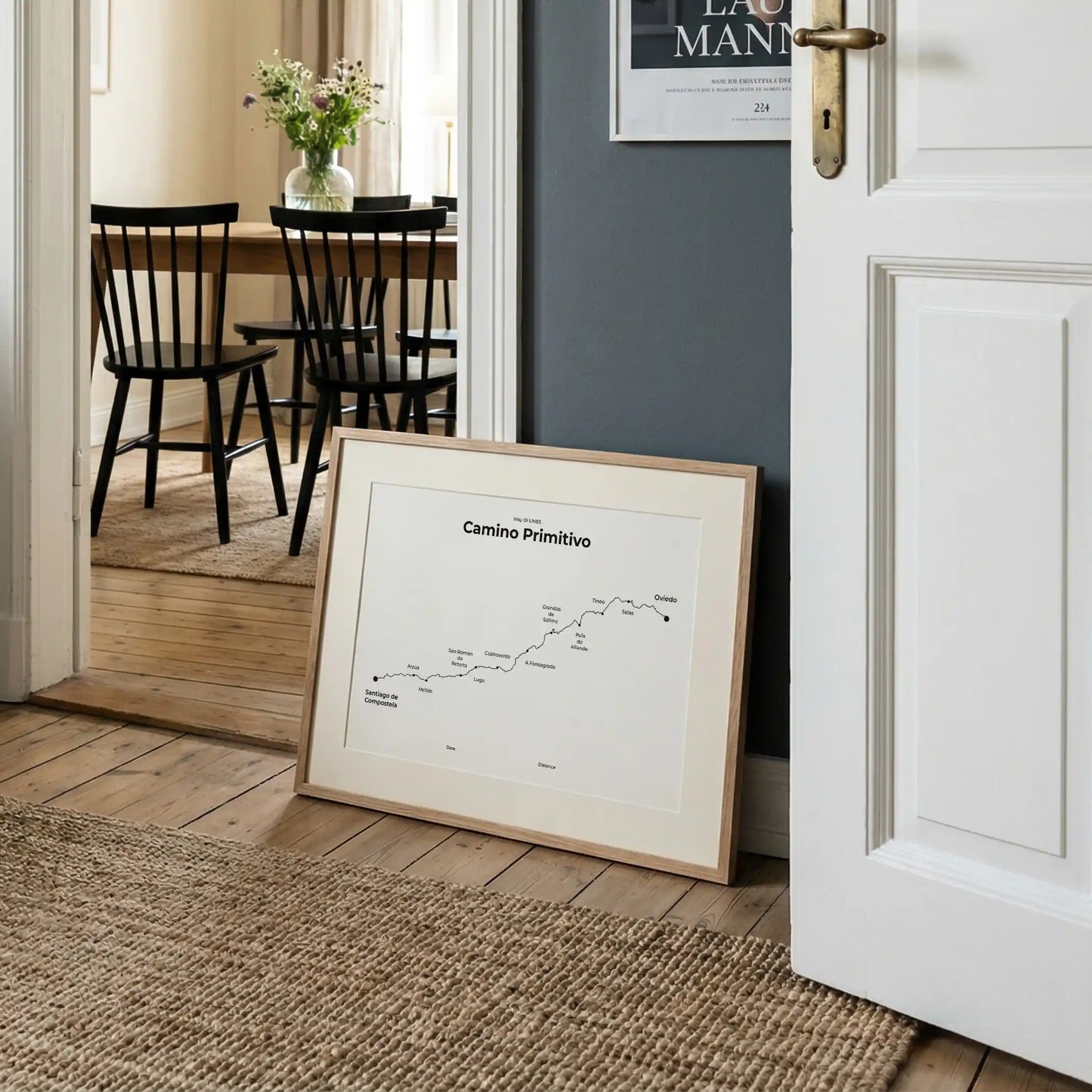 Minimalist Camino Primitivo map poster in quiet black color, interior mockup.
