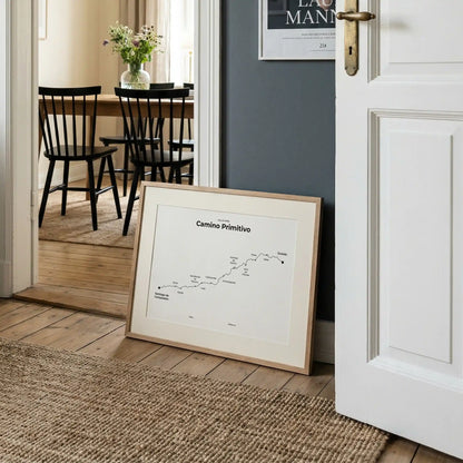 Minimalist Camino Primitivo map poster in quiet black color, interior mockup.
