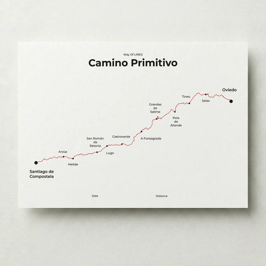 Minimalist Camino Primitivo map poster in red beacon color.