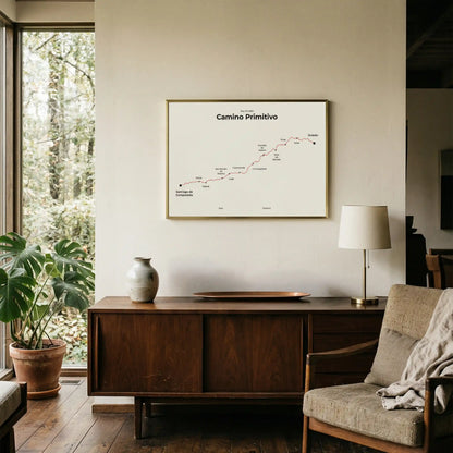 Minimalist Camino Primitivo map poster in red beacon color, interior mockup.