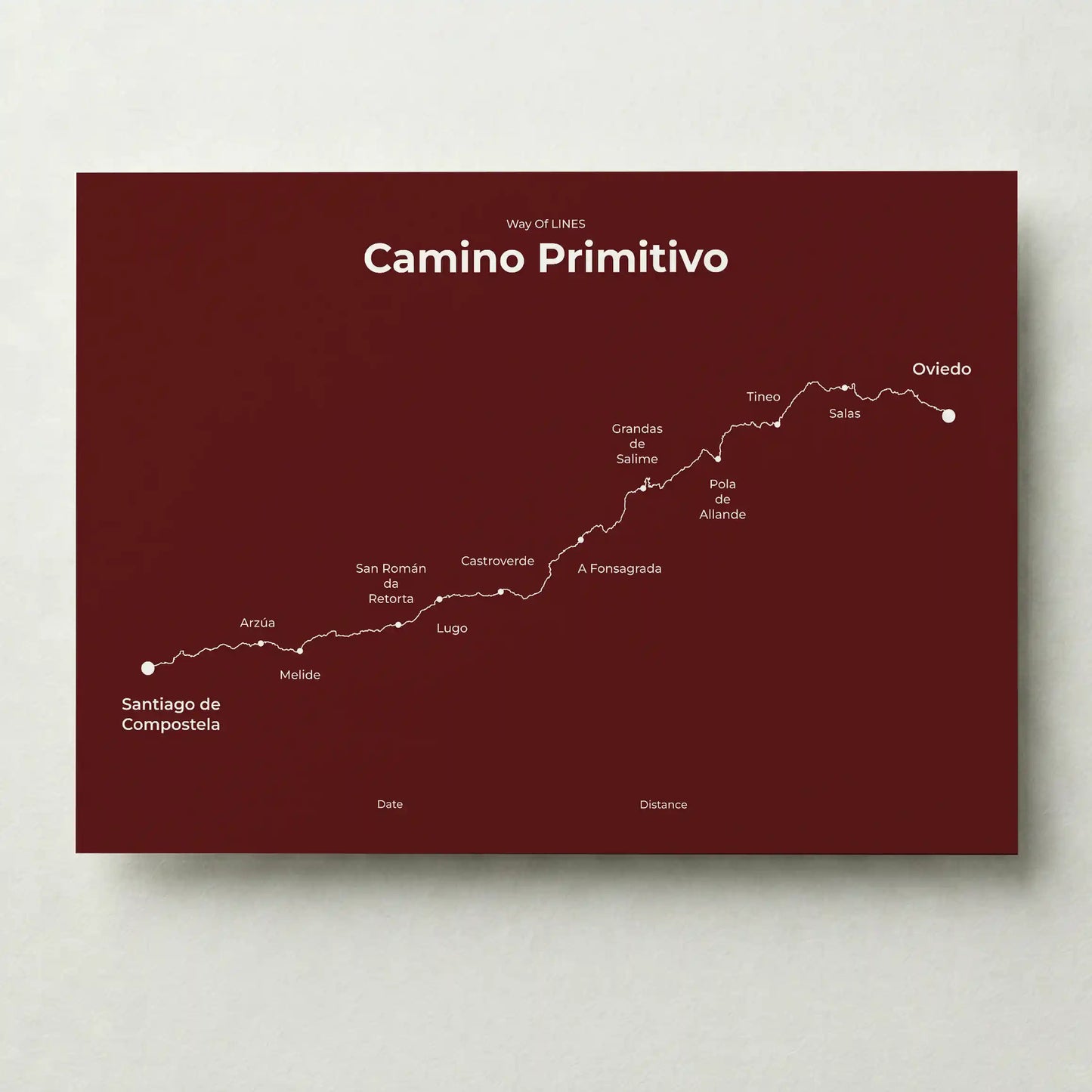 Minimalist Camino Primitivo map poster in reserve red color.
