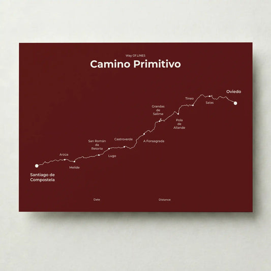 Minimalist Camino Primitivo map poster in reserve red color.
