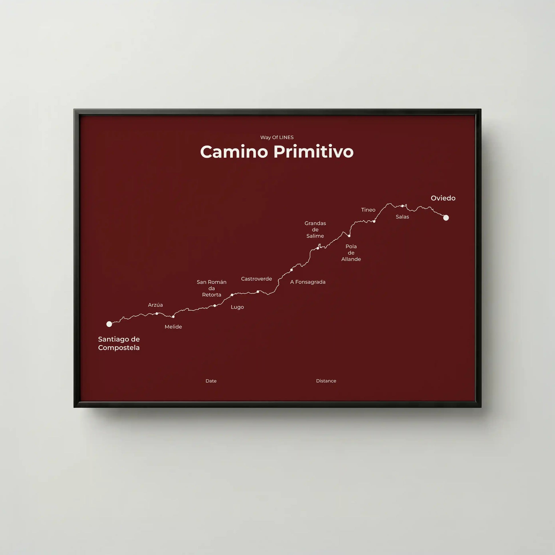 Minimalist Camino Primitivo map poster in reserve red color, frame mockup.
