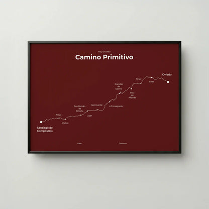 Minimalist Camino Primitivo map poster in reserve red color, frame mockup.
