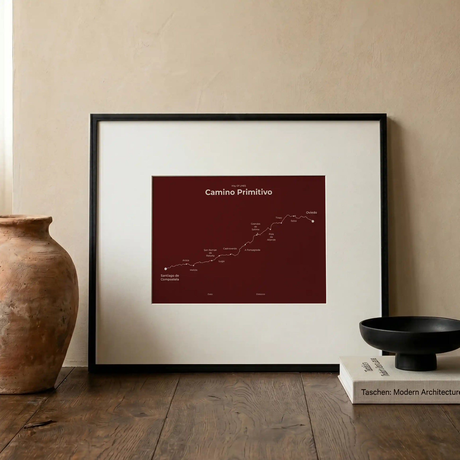 Minimalist Camino Primitivo map poster in reserve red color, interior mockup.