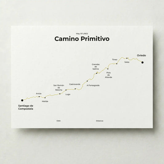 Minimalist Camino Primitivo map poster in sunworn color.