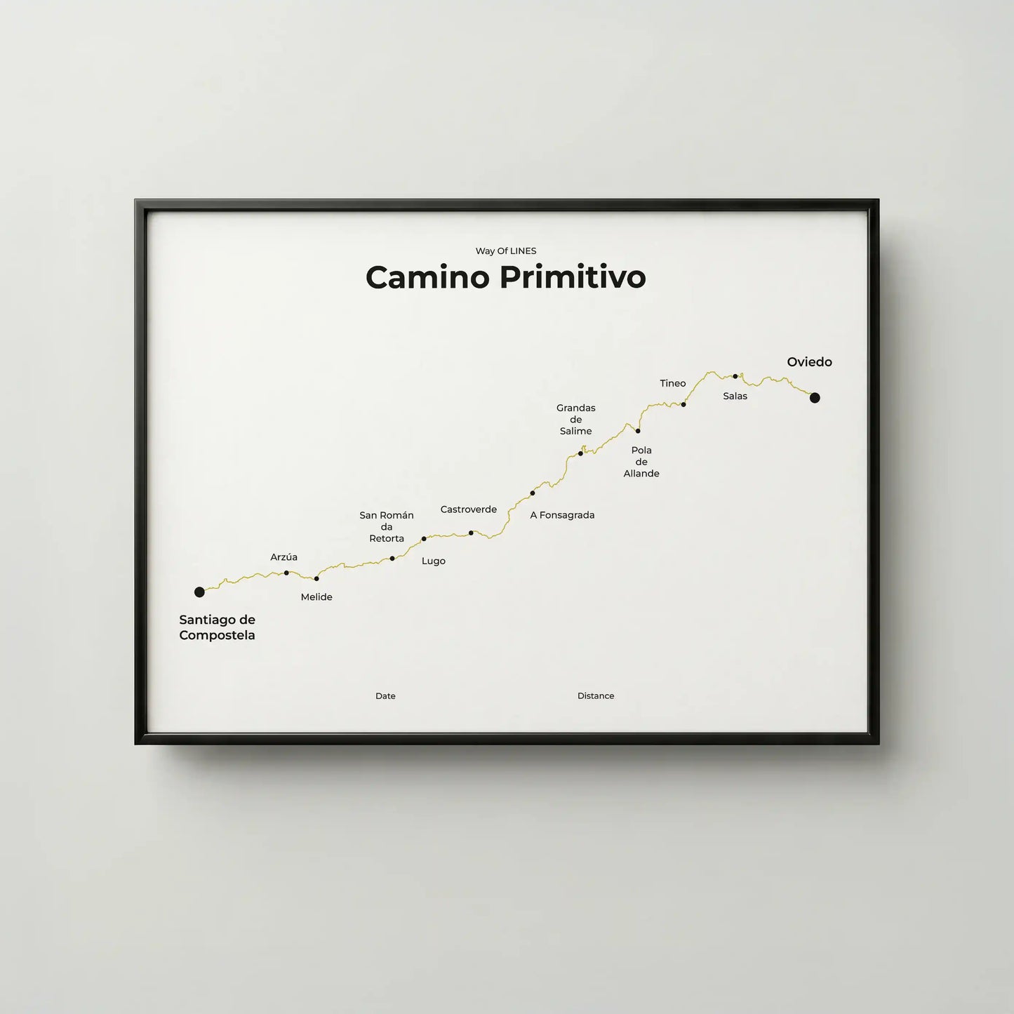 Minimalist Camino Primitivo map poster in sunworn color, frame mockup.
