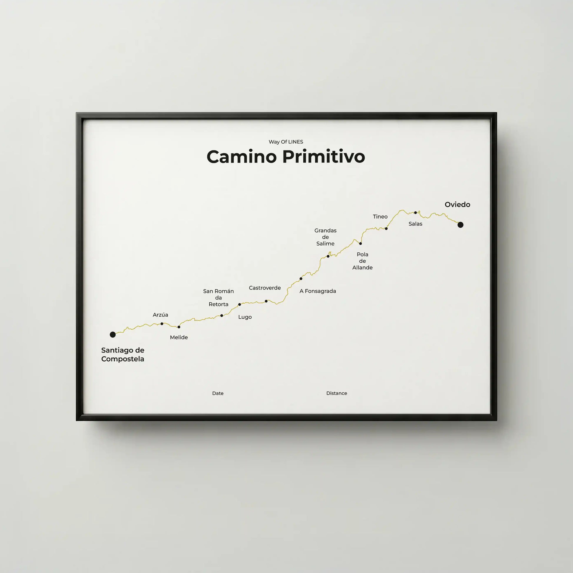 Minimalist Camino Primitivo map poster in sunworn color, frame mockup.
