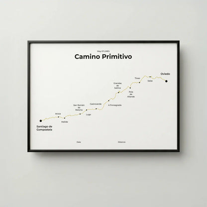 Minimalist Camino Primitivo map poster in sunworn color, frame mockup.

